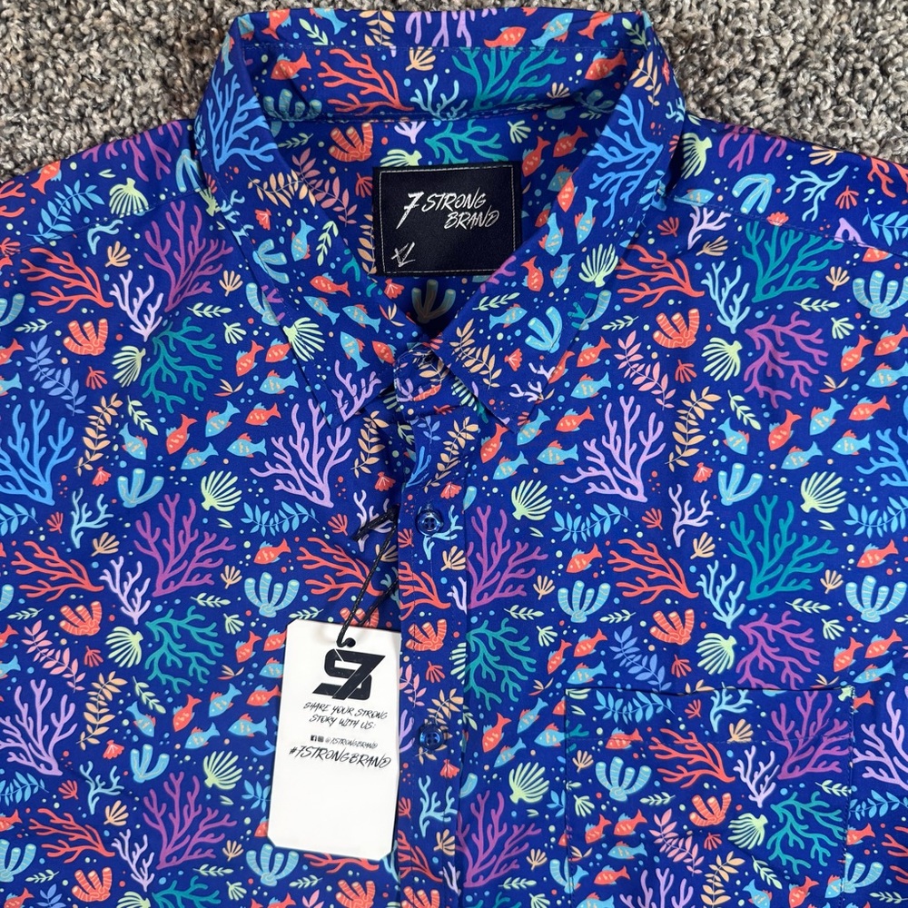 7-Strong Brand Men's XL "Coral of the Story" Performance Camp Shirt Beach Diving